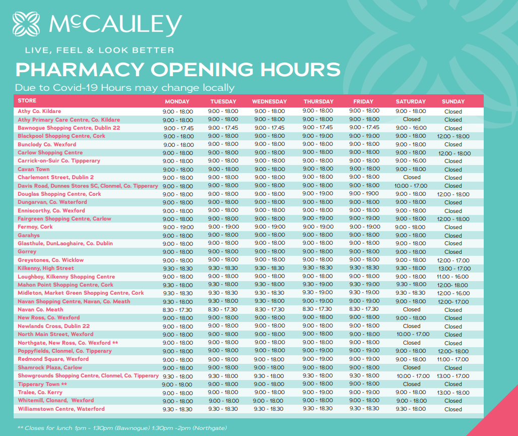 McCauley Health & Beauty Pharmacy Opening Hours